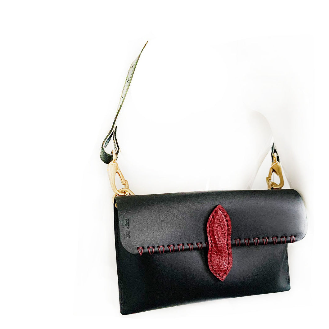 Vintage Black Patent Leather Convertible Envelope Clutch Bag Purse Gold  Accent